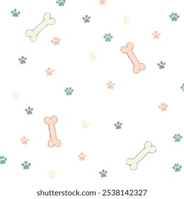 Cute animal footprints and bone seamless pattern for baby shower decor, nursery print, kids apparel, wrapping paper, fabric, and textile. Vector illustration.