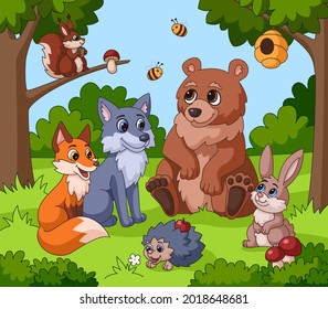 Un animal lindo en el bosque. Animales de dibujos animados, niños dibujando fondo de bosque. Ardilla divertida, zorro de oso de conejo cerca de ilustraciones vectoriales chillonas de árbol para niños