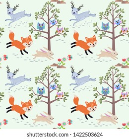 Cute animal in forest seamless pattern.