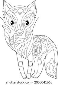 Cute animal fox. Doodle style, black and white background. Funny animal, coloring book pages. Hand drawn illustration in zentangle style for children and adults, tattoo.