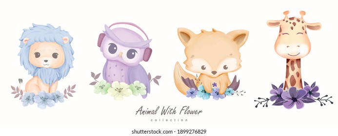 Cute Animal Fox Owl Giraffe Lion With Flower Collection