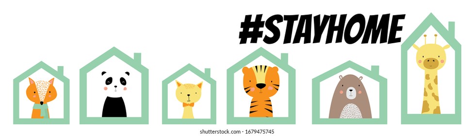 Cute animal (fox, panda, cat, tiger, bear, giraffe) in home due 2019-nCoV virus strain vector background. Social media hashtag stayhome. Pandemic coronavirus outbreak. Hand drawn poster design