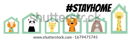 Cute animal (fox, panda, cat, tiger, bear, giraffe) in home due 2019-nCoV virus strain vector background. Social media hashtag stayhome. Pandemic coronavirus outbreak. Hand drawn poster design