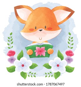 Cute Animal Fox Reading Book With Flower Frame Watercolor Background. Suitable For Nursery Art, Baby Shower, Wall Decor, Prints, Wallpaper, Children Kids Book, Invitation, Greeting Cards, Sticker.