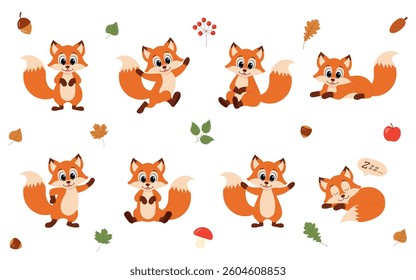 Cute animal fox set characters. Fox in various poses. Fox running, standing, jumping and sleeping. Forest wild animals.