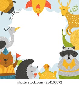 Cute animal frame with baby animals bear, bird, raccoon, beetle, hedgehog, tortoise,  snail and deer. Animal border, animal postcard with love
