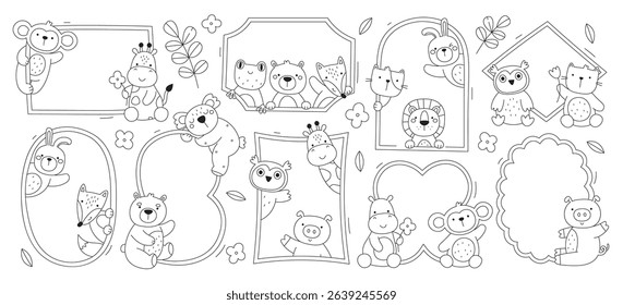 Cute animal frames doodle collection, outline borders with empty space baby shower, birthday greeting card templates design set. Creative graphic postcard with adorable characters vector illustration