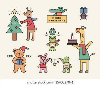 Cute animal friends are preparing for Christmas party. flat design style minimal vector illustration.