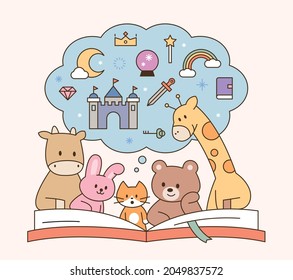 Cute animal friends are reading a big book together. outline simple vector illustration.