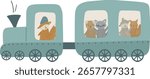 Cute animal friends are riding a train. Vector illustration for design, print, pattern, isolated on white background