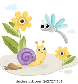 Cute Animal Garden Snail with Dragonfly