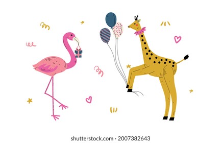 Cute Animal with Gift Box and Balloons Celebrating Birthday Party Vector Set