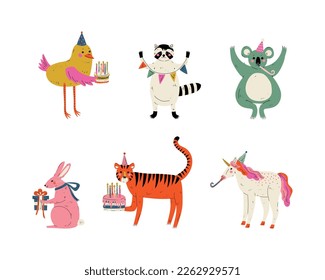 Cute Animal with Gift Box and Cake Celebrating Birthday Party Vector Set