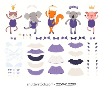 Cute animal girls in leotards, pointe shoes, skirts, accessories, wings clipart collection, isolated on white. Ballerina creator, DIY. Hand drawn vector illustration. Scandinavian style flat design.