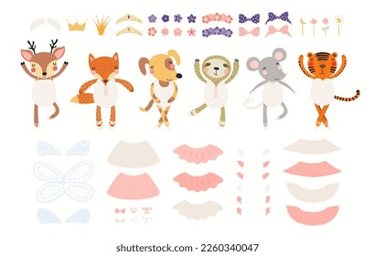 Muchachas animales en leotardo, zapatos de punta, faldas, accesorios, colección de alas clipart, aisladas en blanco. Creador de Ballerina, DIY. Ilustración vectorial dibujada a mano. Diseño plano de estilo escandinavo.