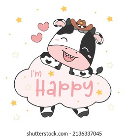 cute animal greeting card baby shower, baby cow girl sleeping on white cloud, nursery kid cartoon animal farm clipart for t shirt printable