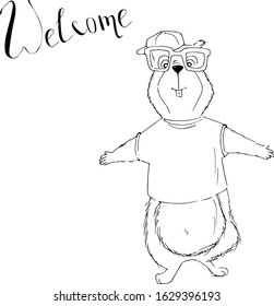 Cute animal groundhog in a cap and glasses, lettering for coloring book cartoon hand drawn vector illustration. Can be used for t-shirt print, kids wear fashion design, baby shower invitation card