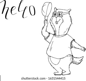 Cute animal groundhog in a cap says hello, lettering, for coloring book cartoon hand drawn vector illustration. Can be used for t-shirt print, kids wear fashion design, baby shower invitation card