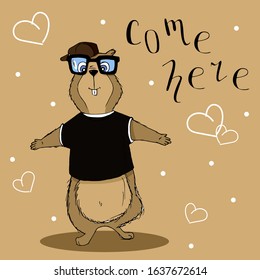 Cute animal groundhog or gopher hipster in glasses and cap, lettering, cartoon hand drawn vector illustration. Can be used for t-shirt print, kids wear fashion design, baby shower invitation card