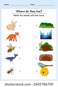 Cute animal habitat matching worksheet for kids. Fun educational activity to match animals with their homes. Printable preschool learning sheet.