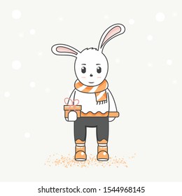 Cute animal hand drawings Bunny for christmas and new year. Isolated objects in the background with snowflakes. Vector illustration. Children's design concept, cold weather.