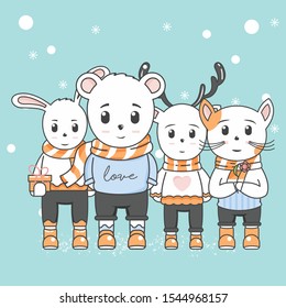 Cute animal hand drawings Bunny for christmas and new year. Isolated objects in the background with snowflakes. Vector illustration. Children's design concept, cold weather.