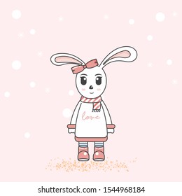 Cute animal hand drawings Bunny for christmas and new year. Isolated objects in the background with snowflakes. Vector illustration. Children's design concept, cold weather.