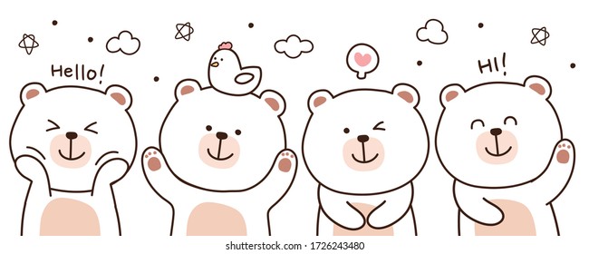 Cute animal hand drawn on white background.Bear in cartoon doodle.Kawaii teddy.Image for cars,poster,banner,kid product,wallpaper.Vector.Illustration.