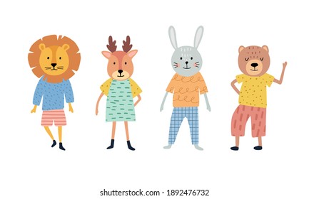 Rutschtiere, handgezeichnet auf weißem Hintergrund. Karikaturen von Löwen, Hirsch, Bär, Hase. Vektorgrafik