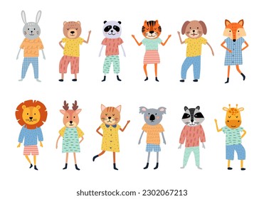 Cute animal hand drawn set on white background. Cartoon characters of lion, giraffe, deer, koala, bear, cat, bunny, fox, raccoon, tiger, dog, panda. Vector illustration