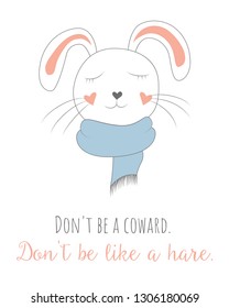 Cute animal.  Handmade style. Vector illustration. Hare, rabbit on a white background. Print for children's clothing, posters and other. Hare in a scarf.