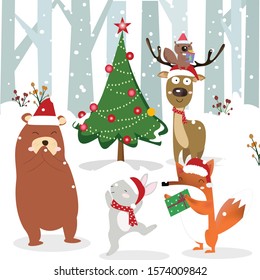 Cute animal happy on christmas in winter forest,illustration vector doodle comic art.