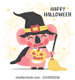 cute animal happy pink koala in Halloween witch costume with broom, Happy Halloween, flat vector cartoon animal