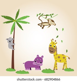 cute animal happy together. vector cartoon illustration for kid shirt design, wallpaper, book cover design