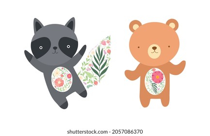 Cute Animal Having Floral Tail and Belly Vector Set