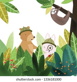 cute animal having  fun in green leaf forrest.teddy bear and rabbit bunny adventure in forest.sloth on a big tree,illustration vector comic art for any card.