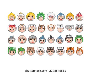 Cute Animal Head Avatar. Funny Animal Cartoon. Simple Baby Face Collection. Vector Illustrations on White Background