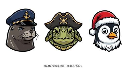 Cute animal head collection featuring a captain seal, pirate turtle, and penguin wearing a Santa hat. Cartoon mascot avatars isolated on white background.