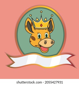 Cute Animal Head With Crown On Frame Label. Giraffe Head. Perfect For Cartoon, Logo, Icon and Character Design. Vector And Illustration.