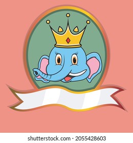 Cute Animal Head With Crown On Frame Label. Elephant Head. Perfect For Cartoon, Logo, Icon and Character Design. Vector And Illustration.