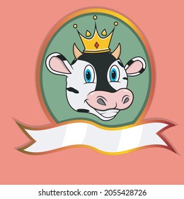 Cute Animal Head With Crown On Frame Label. Cow Head. Perfect For Cartoon, Logo, Icon and Character Design. Vector And Illustration.