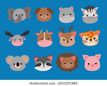 Cute Animal Head Icon Set Elephant Dog Hippo Zebra Deer Cow Buffalo Tiger Lion Pig Koala in Chibi Style