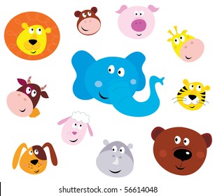 Cute animal head icons ( emoticons ). Vector illustration set of cute animals faces. Animal heads on white background. Lion, Monkey, Pig, Giraffe, Cow, Elephant, Tiger, Sheep, Dog, Hippo and Bear.