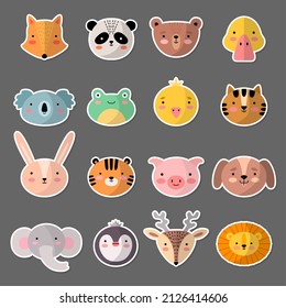 Cute animal head. Kawaii faces smiling avatars different expressions penguin panda pig stickers recent vector illustrations set