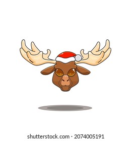 cute animal head with santa hat. Cartoon zoo. cute animal characters in cartoon style. wearing a santa hat. Merry Christmas. a moose wearing a christmas costume.