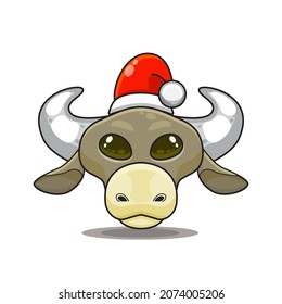 cute animal head with santa hat. Cartoon zoo. cute animal characters in cartoon style. wearing a santa hat. Merry Christmas. a buffalo wearing a christmas costume.