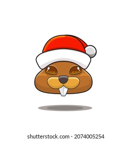 cute animal head with santa hat. Cartoon zoo. cute animal characters in cartoon style. wearing a santa hat. Merry Christmas. a beaver wearing a christmas costume.