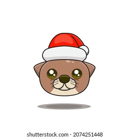 cute animal head with santa hat. Cartoon zoo. cute animal characters in cartoon style. wearing a santa hat. Merry Christmas. otter wearing a christmas costume.