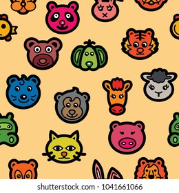 Cute animal head seamless pattern. animal background with line icons