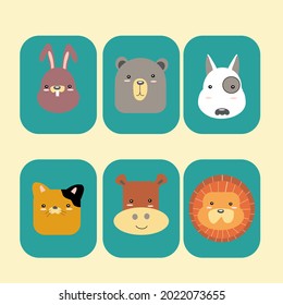 Cute Animal Head Set. Illustration Vector